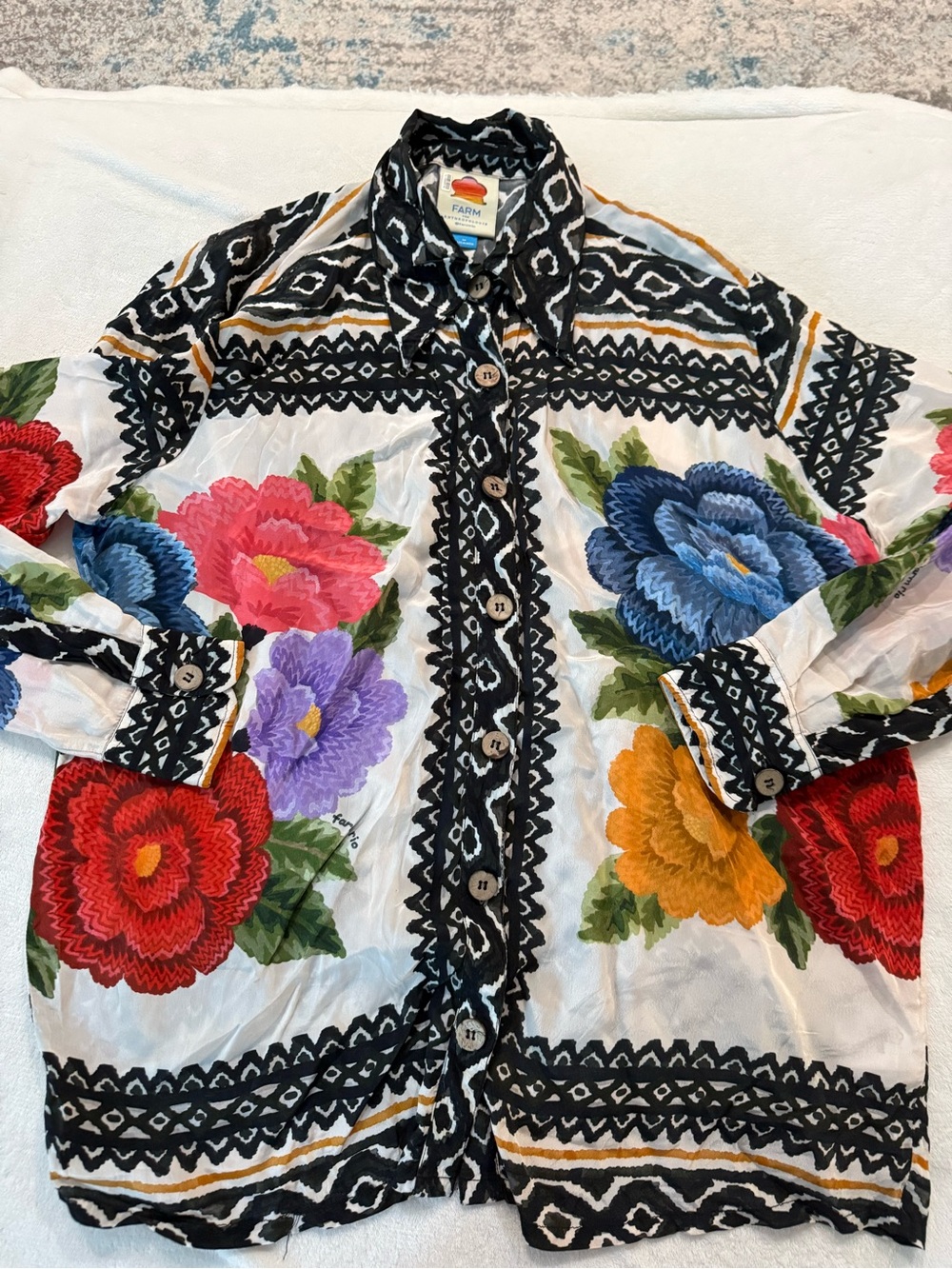 Farm Rio L/S button-down blouse multicolored floral & geometric print M D81